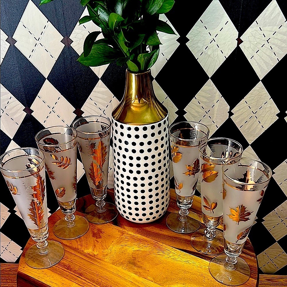 Vintage Libbey 22k Gold Maple Foliage Pilsner Glasses Set of 6| Mid Century Bar - Picture 9 of 17